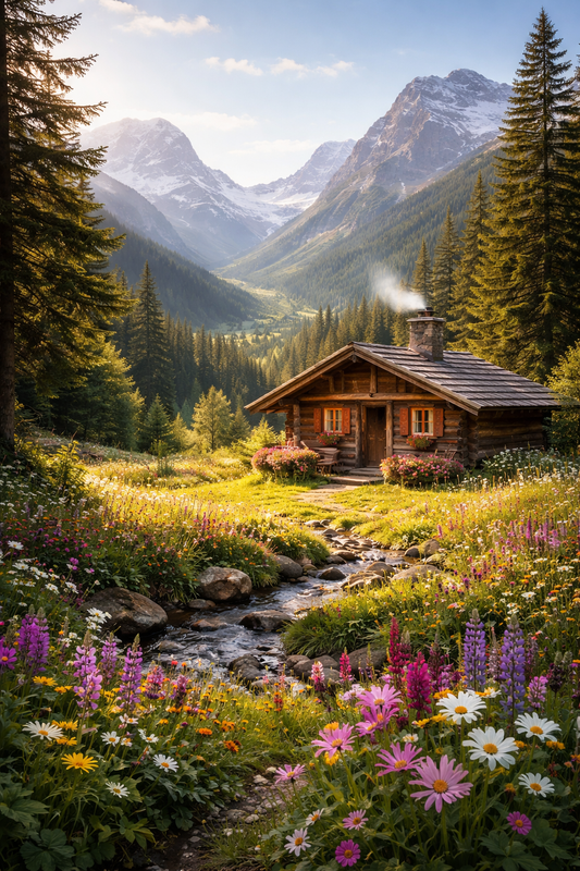 Wooden cabin in a mountainous area with flowers and a stream