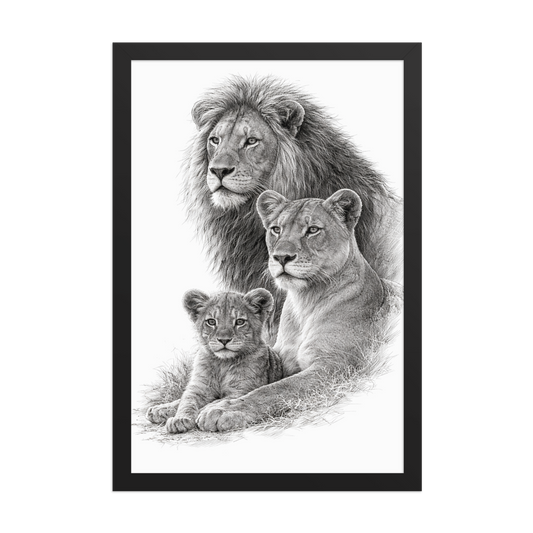 African Lion Family Pencil Sketch - Framed Paper Poster