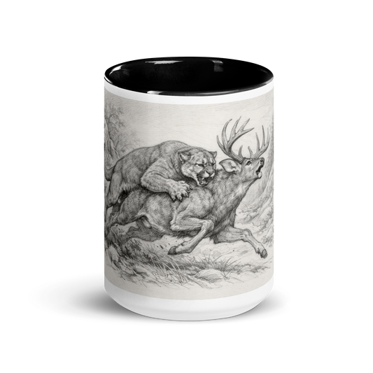 Mug with a pencil image of puma and deer